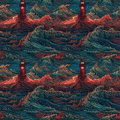 Lighthouse in a storm sea in the background stormy clouds with lightning. AI generative illustration.