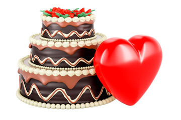 Poster - Chocolate Cake with red heart, 3D rendering