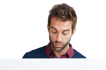 Aufkleber - Interested, thinking and wondering man on png background for ideas, news and notification. Announcement, curious and reading with male isolated on transparent for information, promotion and deal