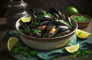 Wall Mural - Mussels seasoned with green onion and parsley then cooked to perfection. Generative AI