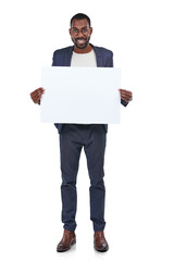 Wall Mural - Poster mockup, black man and happy portrait isolated on a transparent, png background. Male business person show placard, billboard or paper banner for advertising, promotion or brand announcement