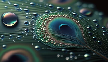 Wall Mural - Water droplets on a peacock feather, a fine detail Generative AI