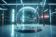© ADDICTIVE STOCK - Generative AI image of human brain hologram inside of transparent glass sphere placed in spacious futuristic room with neon lights