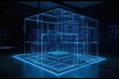 © ADDICTIVE STOCK - Generative AI illustration of modern spacious futuristic supercomputer with transparent glass square boxes and neon illumination