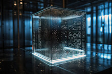 Generative AI Illustration Of Transparent Glass Square Box With Circuit Board Placed On Shiny Surface In Illuminated Cyberspace