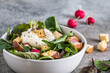Mixed salad with radishes, homemade croutons and burrata cheese on gray background