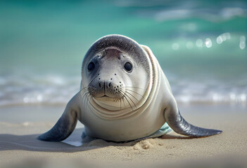 Poster - Beautiful photo Caribbean monk seal concept, contemporary natural and mood social background. Generative AI technology.	
