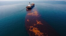 Oil Spill Or Leakage Out In The Sea From Ship, Water Ocean Pollution Problems, Dangerous Case Study Background, Dangerous Chemicals From Accident, Container Cargo Maritime Ship With Generative AI.