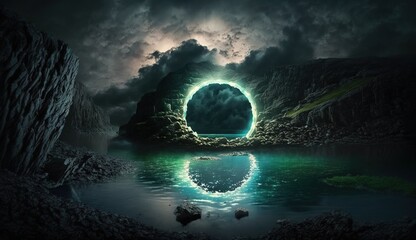 Wall Mural - a bright neon ring and clouds hovering above the lake in a pitch-black cavern. Generative AI