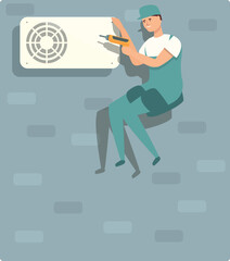 Poster - Outdoor install air conditioner icon cartoon vector. Repair house. Person wall