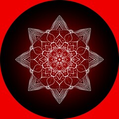 a circular white ornament with decorative pattern on red background