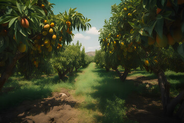 Garden of mango trees, plants with fruits planted in a row plantation. Generative AI.