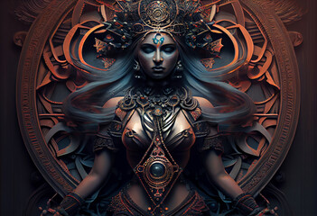 Poster - Major gods and goddesses of ancient Indian religions including Hinduism, Buddhism and their predecessors: Brahma, Vishnu, Shiva, Kali, Ganesh, Krishna, Devi, Buddha, Bodhisattva,  Tara. Generative AI 