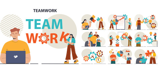 Wall Mural - Teamwork set. Office characters collaborating for additional business