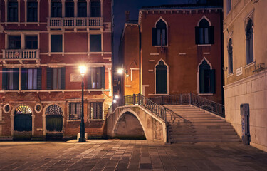 Canvas Print - Night Canal in Venice with beautiful lights, Venice