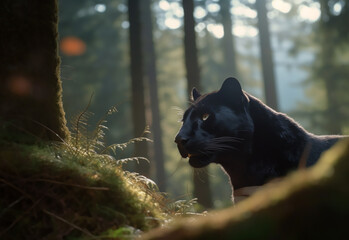 Panther close-up, photography of a Panther in a forest. A black jaguar walking through a jungle stream with green plants and trees in the background. Generative AI