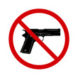 No weapons sign. Prohibition sign, do not carry weapons. Red crossed circle with silhouette of pistol inside. Pistol not allowed. Weapon ban. Round red stop weapon sign.