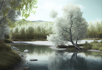 Poster - Beautiful photo forest tree and river. Generative AI technology.	
