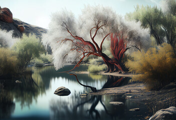 Poster - Beautiful photo forest tree and river. Generative AI technology.	
