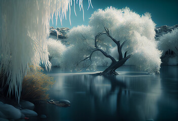 Poster - Beautiful photo forest tree and river. Generative AI technology.	
