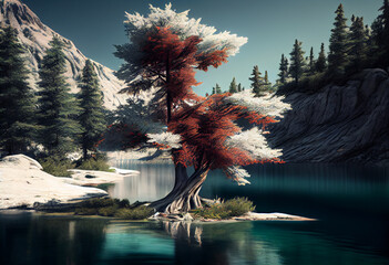 Poster - Beautiful photo forest tree and river. Generative AI technology.	
