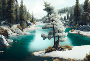 Poster - Beautiful photo forest tree and river. Generative AI technology.	
