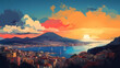 Illustration of a panoramic view of Naples and Mount Vesuvius, Italy