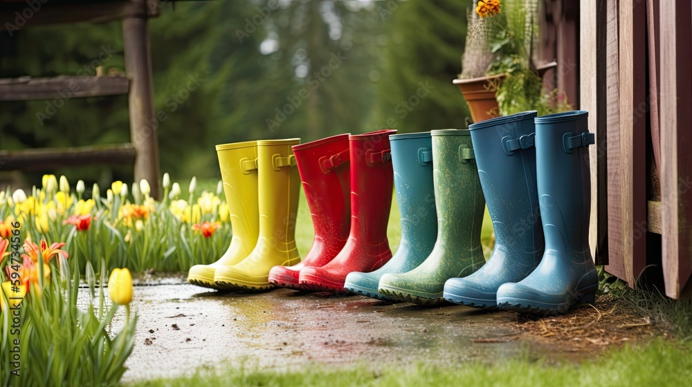 Colorful Rubber Boots Filled with Spring Flowers on Rustic Wooden Porch ...