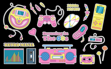 Poster - Y2K vector stickers and labels with retro old style objects, music players, gamepads, mobile phone, cassettes, hobby items.