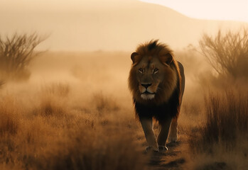 male lion of african jungle and savannah landscape as wondrous concept of the natural adventure and majestic wildlife animal in savanna. Generative AI.