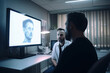 © ADDICTIVE STOCK - Generative AI illustration of focused male specialists sitting in front of computer monitor with graphic image of person head while discussing problem during meeting in contemporary hospital