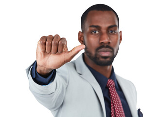 Wall Mural - Portrait, thumbs up or sign language with a business black man isolated on a transparent PNG background. Hand, gesture and decision with a male employee showing thumb emoji for a review or feedback