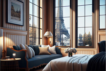 Interior of a luxurious room in an expensive hotel in Paris, France. The Eiffel Tower is visible through the panoramic window. Abstract illustration.