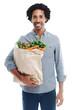 © Bharat/peopleimages.com - Grocery bag, vegetables and portrait of a black man after shopping isolated on a transparent png background. Smile, customer and a person with food from the supermarket for a healthy diet and hunger