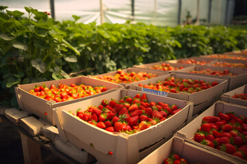 Wall Mural - Ripened ripe fresh strawberries red color bushes greenhouse plantation, industrial cultivation of sweet berries in agriculture. Harvested crop box ready for shipment, transportation Generative AI.