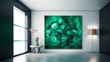 Online webinar Zoom room background in a modern and contemporary minimalist gallery style with pops of emerald green color in big art. Created using generative AI.