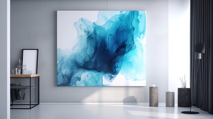 Online webinar Zoom room background in a modern and contemporary minimalist gallery style with pops of blue color in big art for teams video calls backdrop. Created using generative AI.