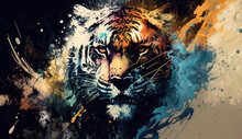 Abstract Mixed Grunge Colors Tiger Face Background Painting. Digital Painting Art In Multi Colors Style. Digital Illustration Generative AI.