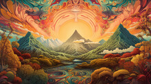An Illustration Of A Psychedelic Lush Landscape With Pyramids And Mountains. Generated Ai