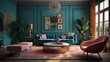 Living room modern interior design. Room in vintage eclectic style with velvet pink armchairs and turquoise sofa, decor. Contemporary home space with furniture illustration background. Generative AI.