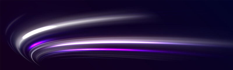 Wall Mural - Concept of cyber highway, digital hyperspace or speed of light. Neon white motion lines, waves, curved shining light effect. 3d speedy neon trails made with ultra violet and blue laser beams vector 