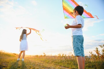 Wall Mural - Children launch a kite in the field at sunset