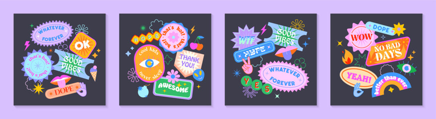 Vector set of cute funny templates with patches and stickers in 90s style.Modern symbols in y2k aesthetic with text.Trendy acid designs for banners,social media marketing,branding,packaging,covers