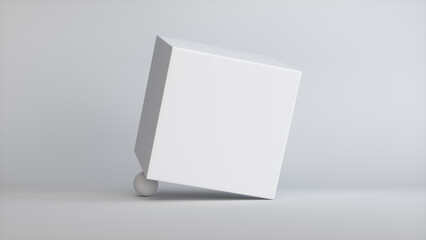 A White Cube Supported by a Sphere on a Gray Studio Background. Geometric Concept. 3D visualization.