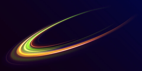 Wall Mural - Vector colorful light trail circle. Color neon glowing fire ring trail. Round wave line glitter bokeh with sparkling light. Bokeh glitter round wave flying sparkling flares.