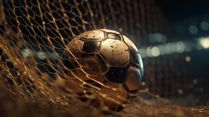 A golden soccer ball in a goal net ai generative illustration images 