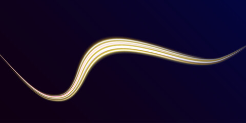 Transparent light effect with crooked trail and golden sparkles. Light trace effect. Vector image of colorful glitter trails with motion blur effect, long exposure. Neon motion glowing wavy line.