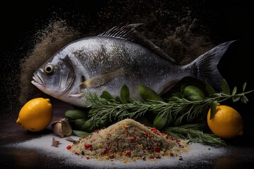 Wall Mural - Spices and fresh sea bream. Generative AI