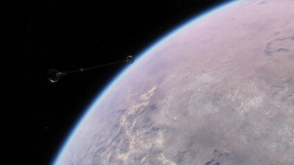 Wall Mural - spacecraft flies over the atmosphere of an exoplanet in another solar system. a geologically active 
