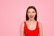Portrait of foxy lovely and funny girl winking with one eye and having beaming smile red pomade lipstick isolated on vivid yellow background